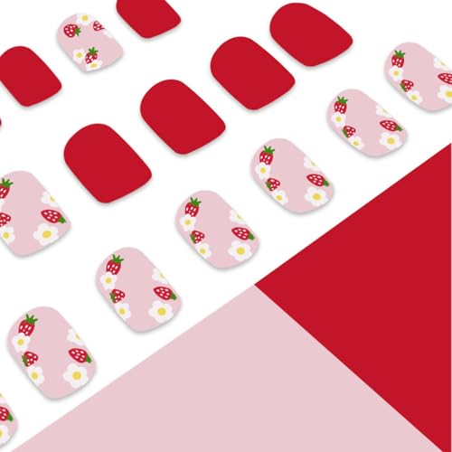 Flower Press on Nails Short Square Fake Nails Red False Nails with Cute Flowers Designs Strawberry Full Cover Stick on Nails Glue on Nails Summer Nails Acrylic Nails for Women Girls 24 Pcs - color: Flower Square40