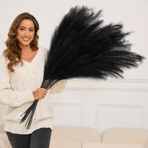Faux Pampas Grass Tall, 9 PCS 43''/ 110 cm Large Black Pampas Grass Decor, Fake Pompas Branches, Long Feathers for Floor Vase, Boho Flower Arrangement for Home Wedding Decor (Black) - color: Black