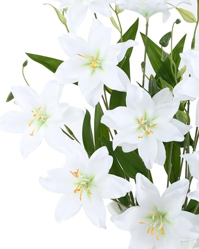 DuHouse 6 Pcs Artificial Lily Flowers, Fake Lilies Silk Flower for Table Vase DIY Wedding Bouquets Party & Home Decor(White) - color: White