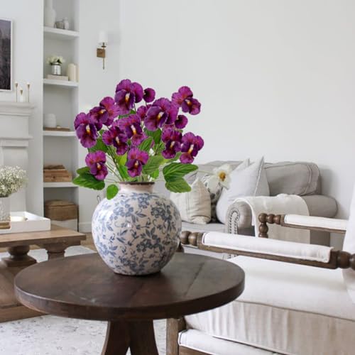 Purple Artificial Flowers 3 Pack Pansy Flowers Artificial Silk Flowers 18" Realistic Fake Flowers for Decoration Spring Faux Flowers for Vase Home Indoor Wedding Flower Bouquet Table Centerpiece Decor - color: Purple