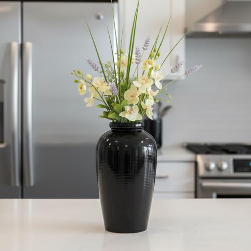 Black Vase for Home Decor, 11 Inch Tall Ceramic Flower Vases for Centerpiece, Modern Decorative Minimalist Vase for Pampas Grass, Textured, Living Room, Entryway, Kitchen Counter Decor - color: Black