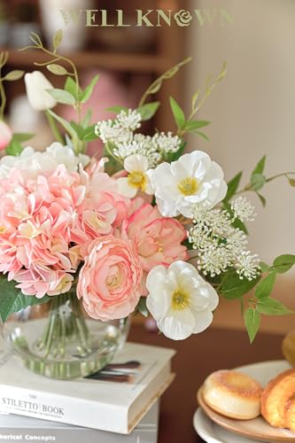 WELL KNOWN Artificial Flowers in Vase, Fake Silk Peony Tulip Hydrangea Pink & White Flower Bouquet Arrangement with Faux Water Centerpieces for Home Wedding Dining Table Party Decor & Gift for Women - color: Pink
