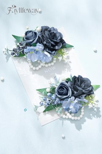 Rose Blue Wrist Corsage for Wedding Prom, Handmade Artificial Flower Corsage Bracelets for Bride,Bridesmaid,Mother,Porm Corsage for Homecoming,Party Anniversary(Set of 2) - color: Blue, size: 2 Wrist Corsages