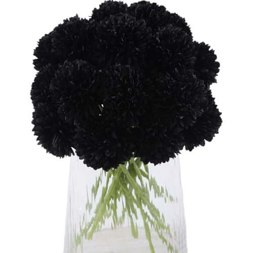 Kimura's Cabin 20Pcs Black Chrysanthemums Artificial Flowers Silk Fake Mums with Stem Ball Flower for Gothic Home Decor Halloween Arrangement Table Centerpiece - color: Black