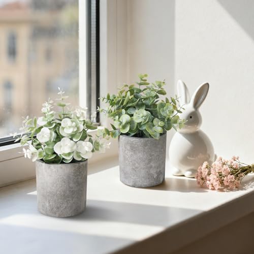 3 Pack Mini Potted Fake Plants Artificial Plastic Indoor Eucalyptus Plants for Home, Office, Desk, Bathroom, Coffee Table & Shelf (Green) - color: Green