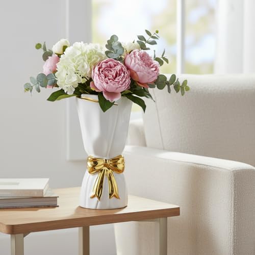 11 Inch White Ceramic Vase with Bow - Modern Boho Vase for Pampas Grass, Tall Decorative Vases Home Decor, Entryway Table, Living Room, Wedding Centerpiece - color: White, size: 11 inch