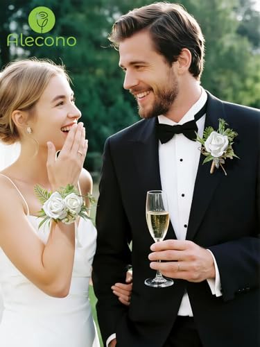 Alecono White Corsage and Boutonniere Set, Rose Bride Wrist Corsage and Groom Boutonniere for Wedding Prom Flower Accessories Suit Decorations - color: White, size: Corsage and Boutonniere Set