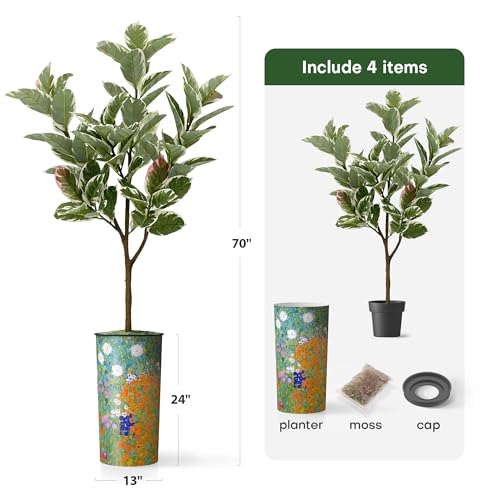 Artificial Tree in Colorful Flower Pattern Planter, Fake Rubber Silk Tree for Indoor and Outdoor Home Decoration - 70" Overall Tall (Plant Pot Plus Tree) - style: Rubber