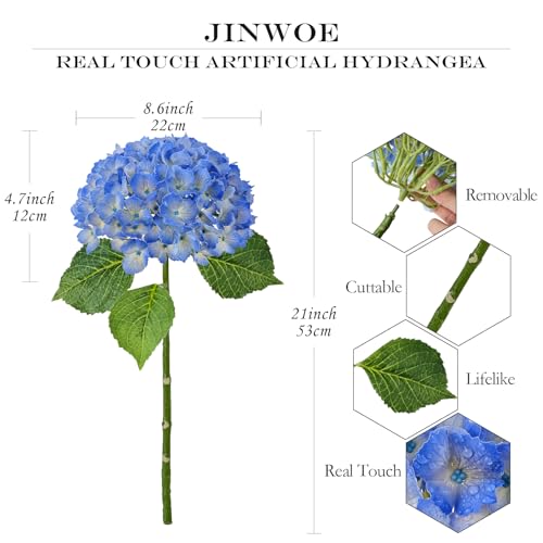 JINWOE Blue Faux Hydrangea Flowers, 3pcs 21" Latex Real Touch Spring Silk Flowers,Lifelike Artificial Hydrangeas with Stems for Porch Bouquets Wedding Home Table Centerpieces - color: Blue