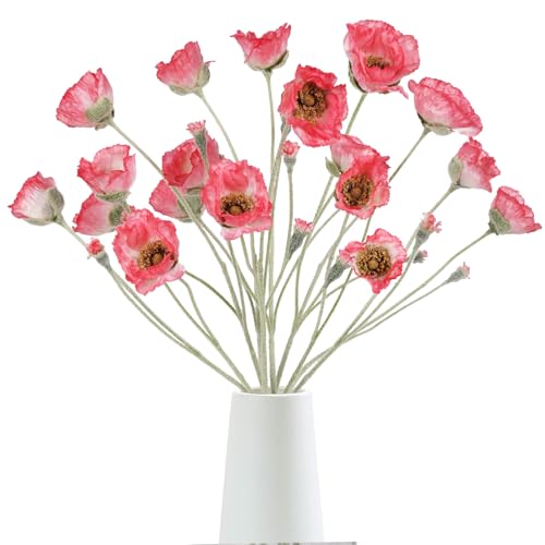 6PCS Red Poppy Flowers Artificial 30 Heads Faux Poppy Flowers 26.77in Silk Flowers with Long Flocking Stems for Wedding Party Home Office Decoration(Red) - color: Red