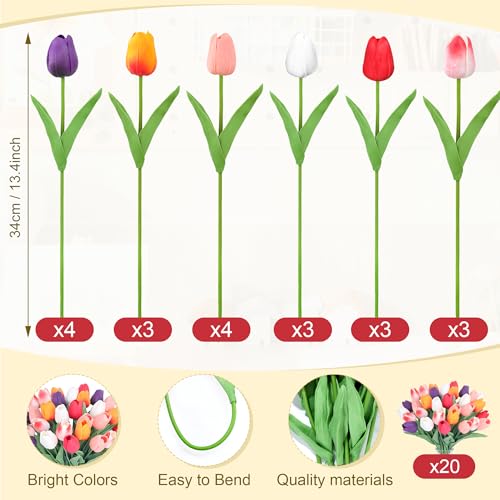 5 Color 20pcs Tulips Artificial Flowers for Real Touch Fake Tulips Slik Faux Flowers for Summer Wedding Bouquet Easter Mother's Day Home Decor (14 Inch) - color: Color：red, White, Yellow, Light Pink, Orange