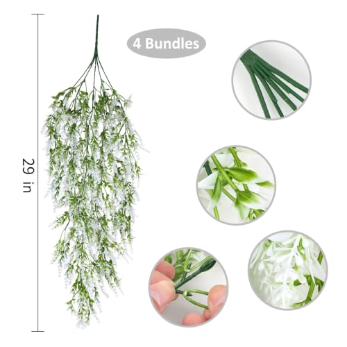 RECUTMS Artificial Hanging Lavender Plants, 4 PCS 29 Inch, Easy Care | UV Resistant,Plastic,Trailing Greenery Garland,Home,Room,Garden,Wedding,Front Porch,Patio,Farmhouse,Indoor Outdoor Decor - color: White