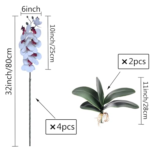 FagusHome 32" Artificial Phalaenopsis Flowers 4 Pcs with 2 Bundles Leaves Artificial Orchid Flowers Stem Plants Fake Butterfly Phalaenopsis Flowers for Home Wedding Party Décor (Pure White) - color: Pure White