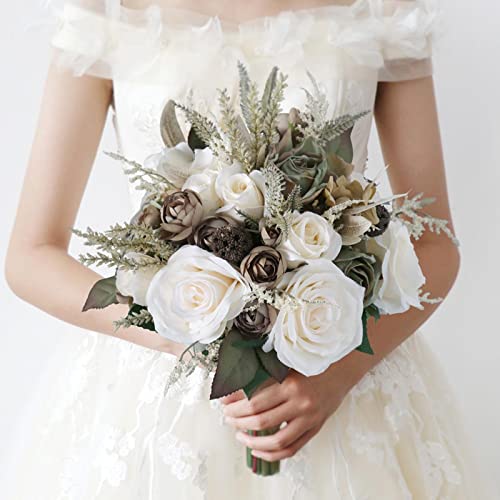 MOJUN Wedding Bouquet for Bride, Artificial Hand Made Rose Flower for Bridal Bridesmaids Romantic Wedding Bouquet for Wedding Valentine's Day Party Home Tables Decorations, Creamy - color: Cream Khaki Bouquet