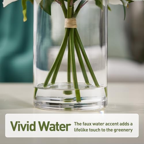 VeriNatural Artificial White Peony Flowers with Vase – 10.6" Fake Silk Floral Arrangements in Glass Vase with Faux Water for Home Decor, Bathroom Shelf, Centerpiece, Wedding, Gift - color: White