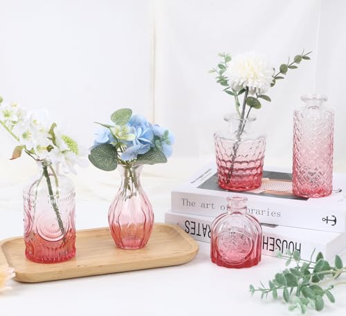 5pcs Pink Glass Bud Vase Set, Small Flower Vases for Centerpieces in Bulk, Mini Vintage Vase for Home, Wedding, Table Decor - color: Pink, size: 5pcs