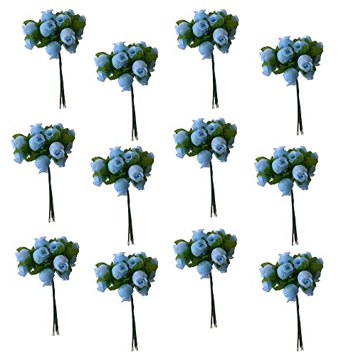 Light Blue Artificial Silk Flower Roses - 12 Mini Bouquets of 12 Rosebuds, 144 Rosebuds Total, Wedding, Christmas, Reception, Anniversary, Favors, Wreath, Bridal Shower, DIY, Arts and Crafts - color: Light Blue