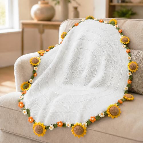 Crochet Flower Bouquet Throw Blanket, Cute Romantic Gift for Her Girlfriend Mom Mother’s Day Valentine Wedding Anniversary Birthday (White Sunflower, 40 inches) - color: White Sunflower, size: 40 inches