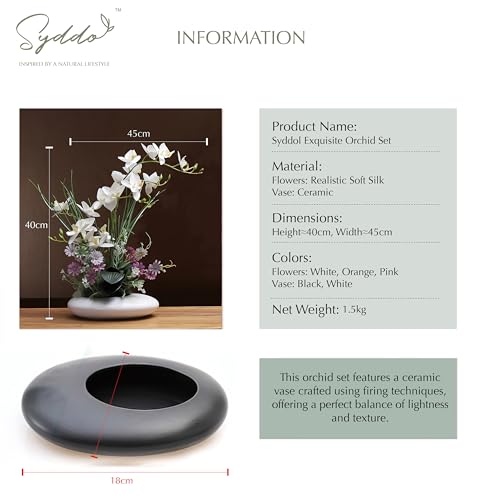 SYDDOL 45 cm Artificial Orchids in Pot, Decorative Orchid Bonsai with Real Touch Technology, Artificial / Fake Orchids that Look Real for Table Decorations (White Flower + White Pot) - color: White Flower + White Pot