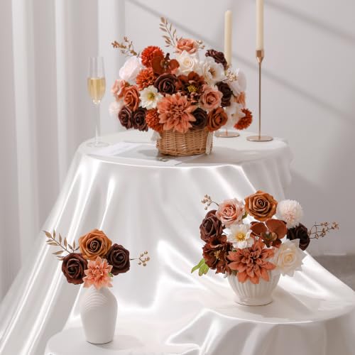 Garisey Artificial Flowers Combo, Mix Silk Flowers Roses, Peonies, Dahlias with Stems for DIY Wedding Bridal Bouquets, Baby Shower, Table Centerpiece, Home Decor, Fake Floral Arrangements-Brown & Nude - color: Brown & Nude Color