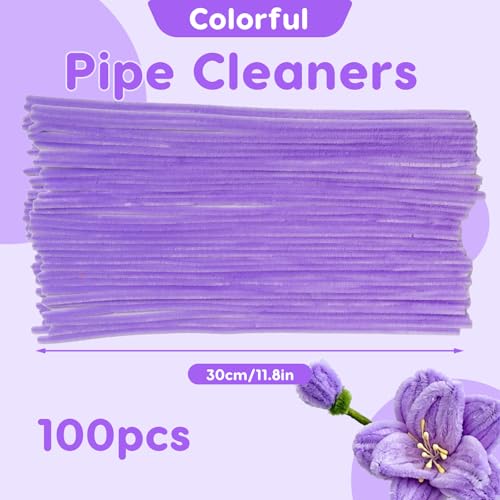 Taowave 100 Pcs Solid Color Pipe Cleaners, 12 Inch 6mm Single Color Chenille Stems, Fuzzy Flexible Craft Pipe Cleaners, Bulk Art DIY Supplies, Flower Making, Holiday Decor (Macaron Purple) - color: Macaron Purple