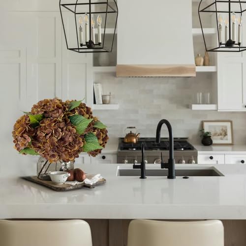 YalzoneMet 3 PCS Brown Hydrangea Artificial Flowers 21'' Real Touch Faux Latex Bronze Hydrangea Flowers for Tables Centerpieces Boho Fake Flowers for Vintage Home Kitchen Decor - color: Brown
