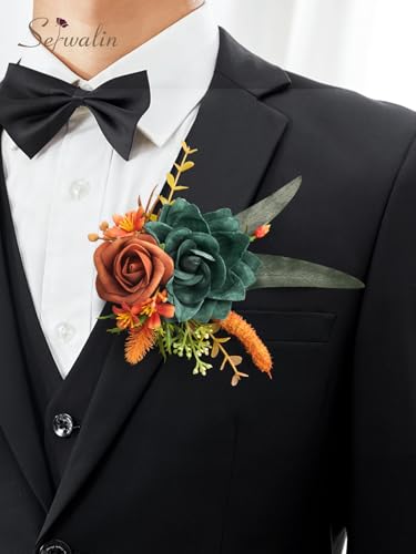 Serwalin 2 Pcs Wrist Corsage and Boutonniere Set, 6-7 Inch Teal Orange Corsage for Wedding, Boutonniere for Men Corsage Wristlet Prom Ceremony Anniversary Accessories Suit - color: Teal Orange, size: 1 Boutonniere & 1 Wrist Corsage-2pcs
