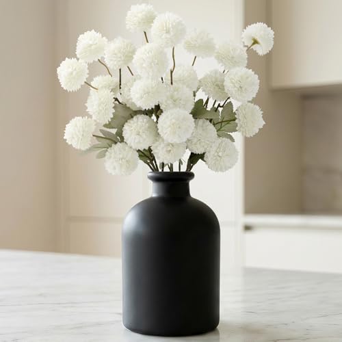 Lifewit 5 Pcs White Artificial Flower for Vase, Faux Silk Mums Ball with Long Stems for Home Decor, Wedding, Bulk Fake Small Chrysanthemums for Floral Arrangement, Pom Pom for Bouquets Centerpieces - color: White