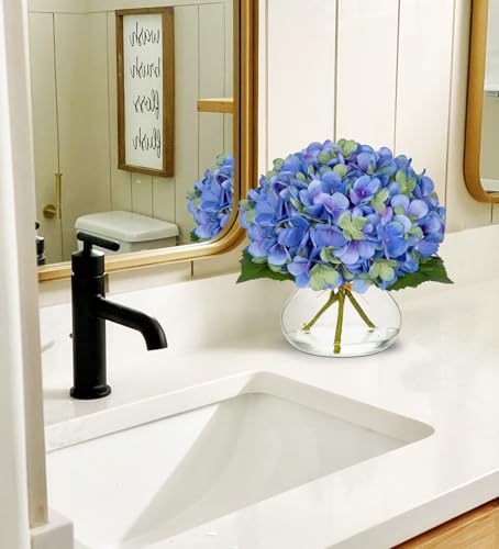 Hollyone Hydrangea Artificial Flowers with Glass Vase Blue-Green Silk Faux Flowers Arrangements in Vase with Faux Water Fake Floral Bulk Bouquet for Home Decor Table Centerpiece Decorations - color: Hydrangea, Blue-green