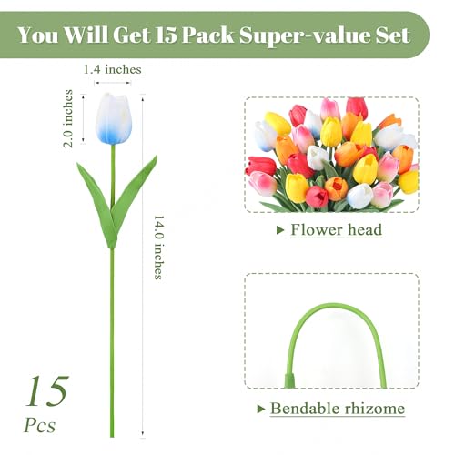SITUMEIZI Fake Flowers Tulips Artificial PU Flower 15pcs Real Touch 14" for Spring Easter Home Kitchen Wedding Bouquet Bulk Mother's Gift Day Decorations(Multicolor,5-4) - color: Rose Red#,red,yellow,blue Base,sunset Red