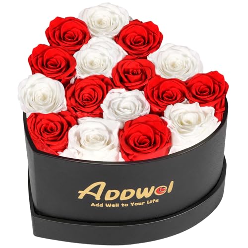 ADDWel Preserved Real Red and White Roses Bouquet for Her Anniversary, Mothers Day Flower Gifts for Women, 16-Pieces Eternal Roses that Lasts for 3 Years in Heart-Shape Box for Wife Girlfriend Mom - color: Red & White - 16 Roses