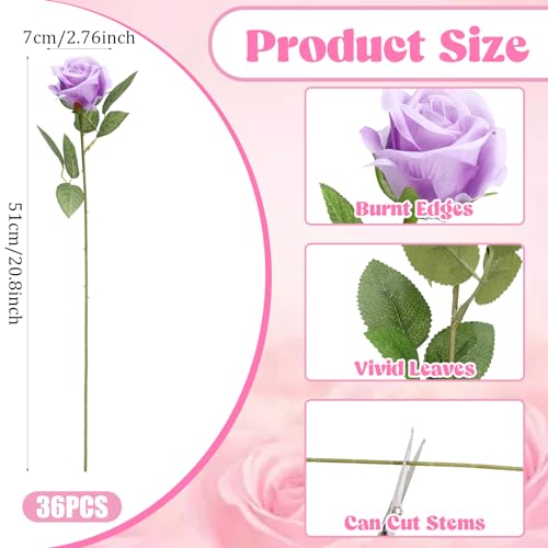 36 Pcs Silk Purple Rose Bouquet Bridal Artificial Flowers,Fake Rose Long Stem Realistic Artificial Flowers Bulk for Wedding Bouquet Ball Arrangement Centerpiece Party Decor - color: Purple