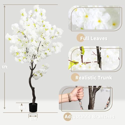 Large Artificial White Cherry Blossom 6ft(72in) Faux Floor Green Plant for Indoor Decor Natural Potted Tree Realistic Cherry Flowers Wood Trunk for Home Living Room,Office Perfect Housewarming Gift - color: Cherry Blossom(white 11), size: 6ft