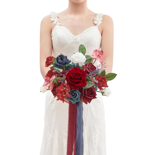 TINGE TIME 9 inch Bridal Bouquets for Bride, Artificial Silk Flowers Tossing Bouquet, Bride Bouquets for Wedding,Ceremony, Anniversary (Red&NavyBlue) - color: Red & Navy Blue