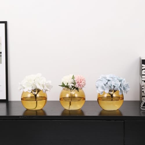 Amber Round Vases Set of 6, Flower Vases for Centerpieces, Glass Vase for Flowers, Glass Bowl Vase for Living Room, Bedroom, Kitchen, Office, Wedding, 5'' W x 4'' H - color: Amber, size: 5”