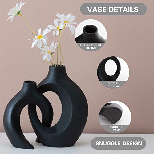 Liotww Black Vases Home Decor Set of 2, Ceramic Black Small Flower Vase, Minimalist Boho Decorative Modern Donut Vase for Farmhouse Living Dining Room Office Entryway Bookshelf Coffee Table Décor - color: Large-matte Black