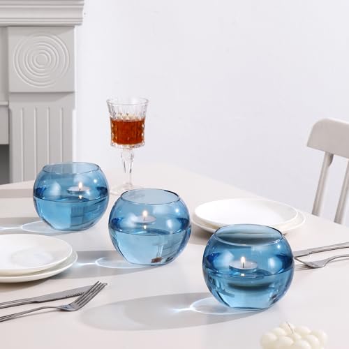 Blue Round Vases Set of 6, Flower Vases for Centerpieces, Glass Vase for Flowers, Glass Bowl Vase for Living Room, Bedroom, Kitchen, Office, Wedding, 5'' W x 4'' H - color: Blue, size: 5”