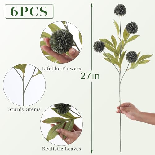 VIERENA 6 Pcs Faux Silk Pompon Mum Artificial Flowers for Vase -27", Bulk Fake Chrysanth Branches with Stems for DIY Bouquet Centerpieces Wedding Fillers Arrangements Shower Decorations (Dark Gray) - color: Dark Gray