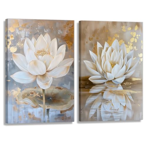 KPLUNDO Zen Wall Art 2 Piece White Lotus Blooming Painting Artwork White Gold Lotus Flower Poster Artwork for Bedroom Living Room Bathroom Yoga Spa Room Decor(Artwork-3,20"x30"x2pcs) - color: Artwork-3, size: 20"x30"x2pcs