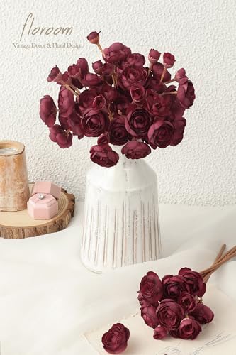 Floroom Ranunculus Artificial Flowers 18 Pcs Burgundy Faux Silk Mini Ranunculus Bulk Fake Wedding Filler Flowers for DIY Red Bouquets, Centerpieces, Bridal Shower Decorations & Arrangements - color: Burgundy