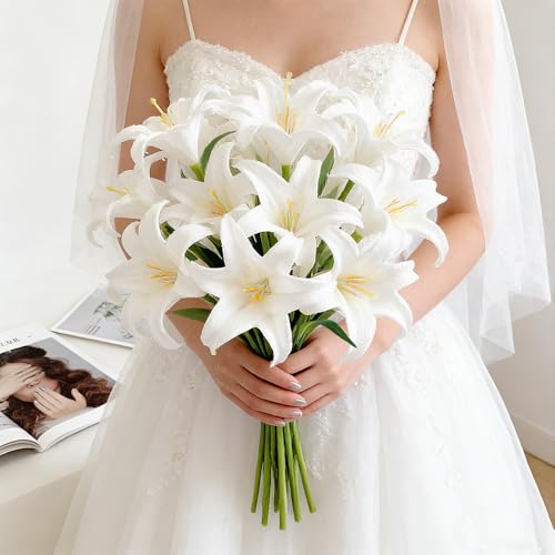 Tinsow 20Pcs Artificial Lily Real Touch Flowers Fake Latex Lily Flowers White Mini Lily for Wedding Home Decoration Small Easter Lily