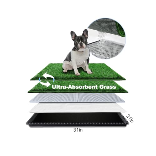HQ4US 4LEGS Dog Grass Pad with Tray Medium 31”×21”, Dog Litter Box with Odor Free Artificial Grass Pee Pads for Dogs Potty Tray with Hemmed Edge, Realistic for Indoor Balcony - size: M - 31" x 21" for Dog＜ 26'' Length