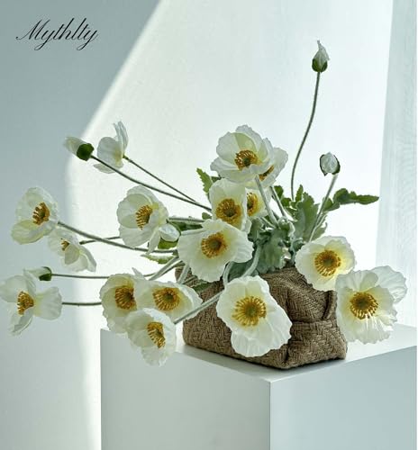 Set of 6 White Poppies Flowers Artificial for Vase, Faux Wildflowers with Long Stems, Silk Flowers Arrangement for Wedding Party Farmhouse Home Office Indoor Kitchen Dining Table Decoration - color: White