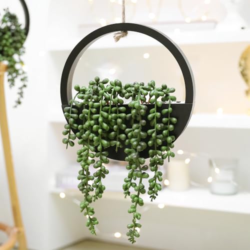 Floweroyal 2pcs Artificial Succulents Hanging Plants 20.1'' Fake String of Pearls in Pot with 9.4'' Lanyard for Indoor Outdoor Wall Decor (Black) - color: Black-large-2pcs
