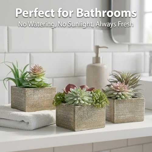 Succulent Plants Artificial, 3 Pack Small Fake Plants in Wood Pot for Home Decor, Farmhouse Artificial Plants Indoor for Living Room Bathroom Bedroom Office Kitchen Desk Wedding Coffee Table Decor - color: Symphony