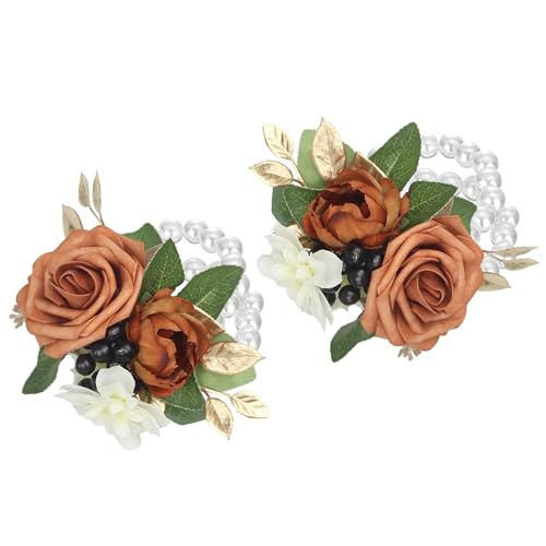 Rinlong 2Pcs Terracotta Wrist Corsage for Wedding, Prom, Homecoming | Burnt Orange Bridesmaid Wristlet, Mother of the Bride Flower Corsage - color: 01-terracotta