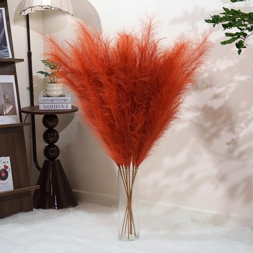Premium Faux Orange Pampas Grass – 8pcs 43.3" Tall Fluffy Pampas for Floor Vase Decor, 18-Branch One-Piece Stems No Assembly, Luxury Silk-Feel Feather Flowers for Boho Wedding Home Decor 110cm - color: Faux Orange, size: 8pcs 43.3"(110cm)