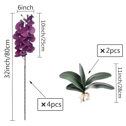 FagusHome 32" Artificial Phalaenopsis Flowers 4 Pcs with 2 Bundles Leaves Artificial Orchid Flowers Stem Plants Fake Butterfly Phalaenopsis Flowers for Home Wedding Party Décor (Purple Piebald) - color: Purple Piebald