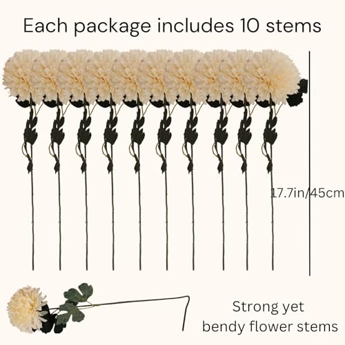 Large Kiku Flower Beige 10 Stems, Silk Flowers Bulk Boho Bouquet, Large Artificial Flowers, Tall Flowers With Long Stems, Realistic faux flowers Neutral Home Decor, Flores Artificiales Para Decoracion - color: Beige Large