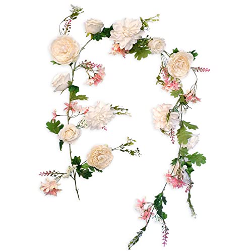 Artificial Peony Garland, 180cm/6FT Length, Fake Rose Vines, Center Flower Decoration, Hanging Silk Flowers for Wedding Decor Home Table Runner Mantle Party Decor (Champagne Peony Garland) - color: Champagne Peony Garland